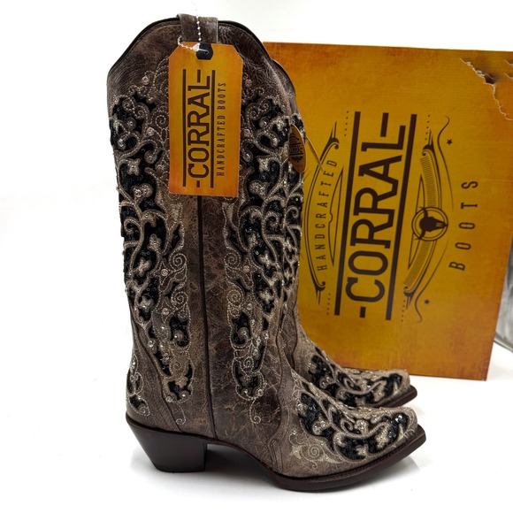 Corral Glitter Inlay Boots A3569 Brown Black Sequins Western Cowgirl Sz 10